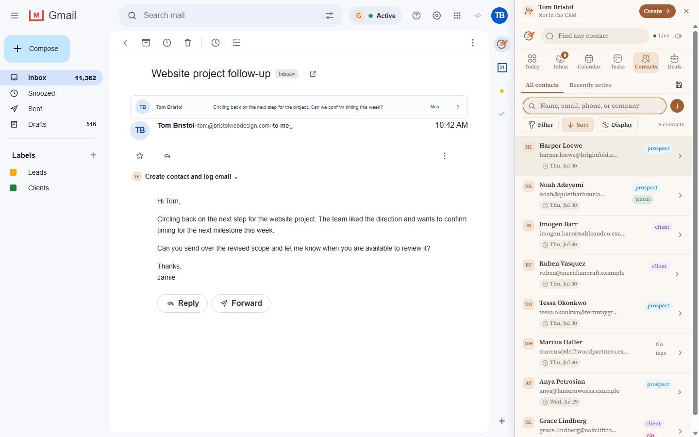 CRM Sidebar contact list open beside Gmail