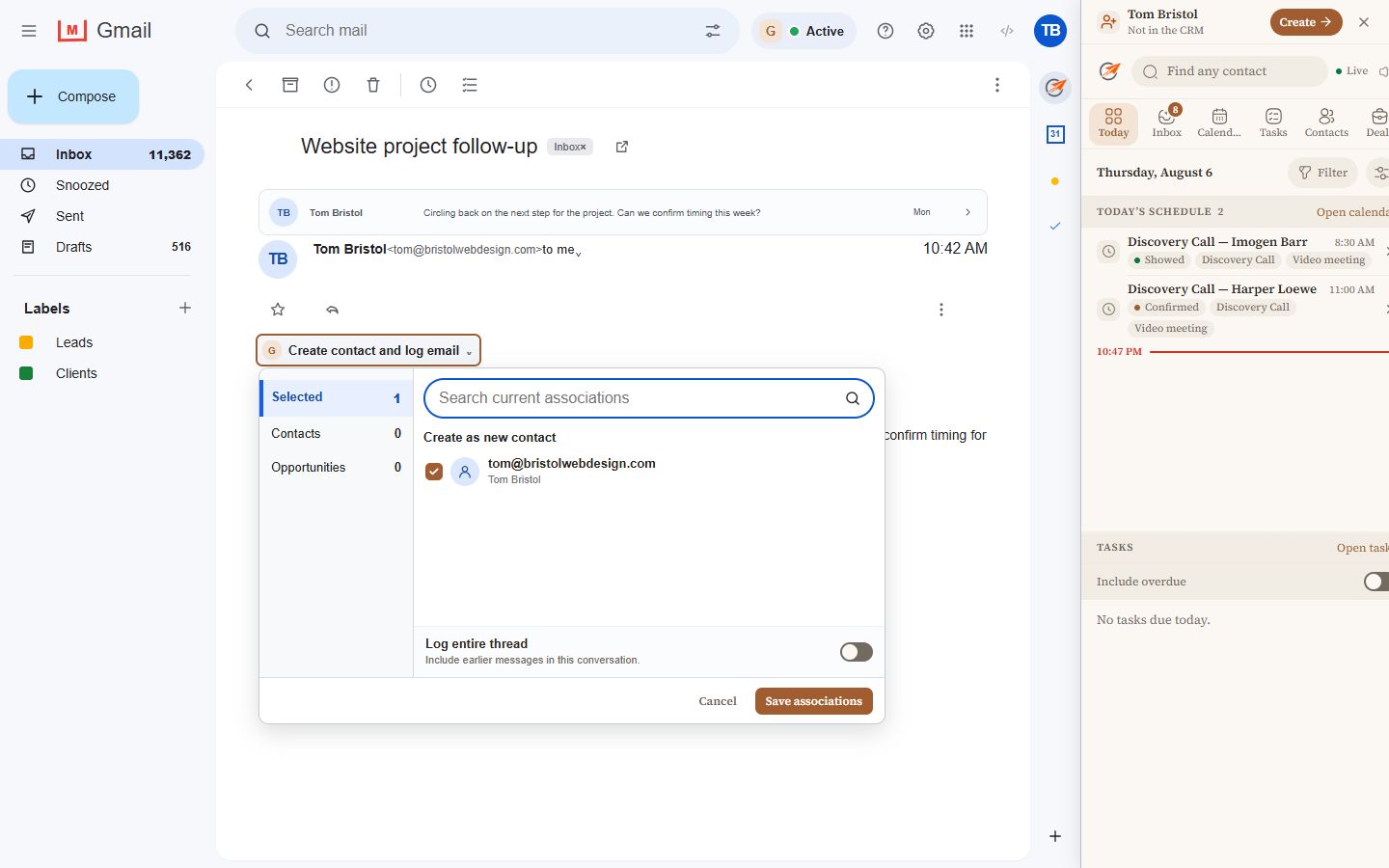 Gmail showing a Send to CRM action and record selection dialog